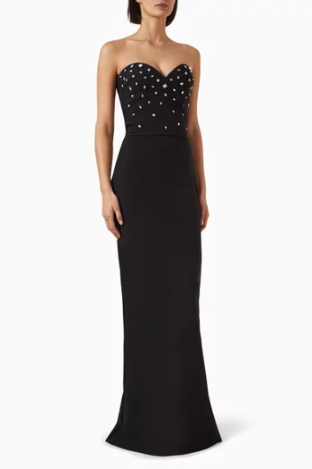 فستان طويل بلا حمالات مطرز بالكريستال جيرسيه