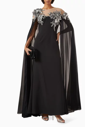 3D Flowers Cape Gown in Crepe & Chiffon