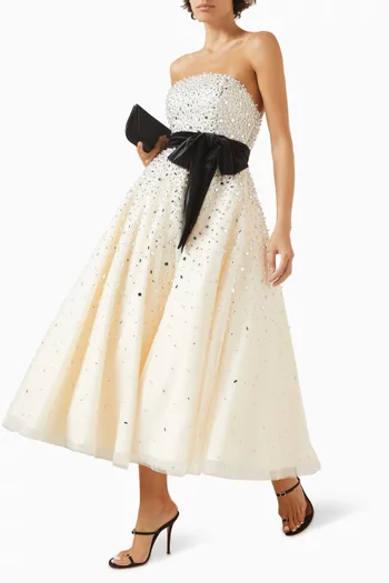 Strapless Beaded Bow Belt Midi Dress