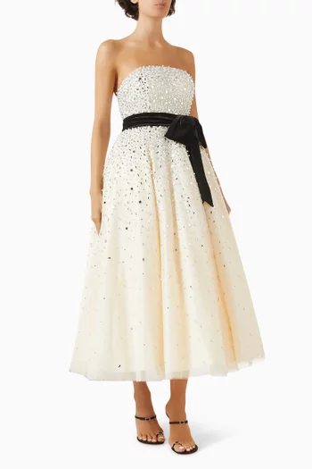 Strapless Beaded Bow Belt Midi Dress