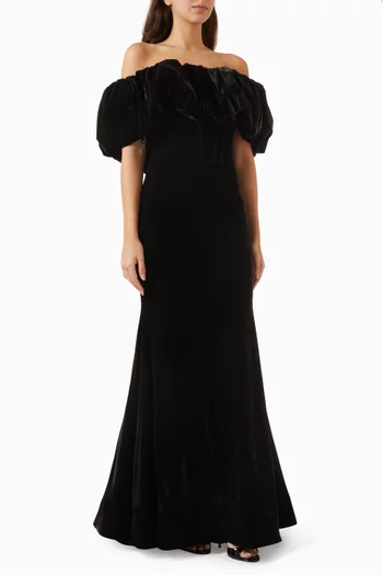 فستان طويل بلا حمالات وبنمط مشد مخمل