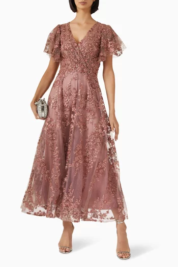 فستان سهرة مطرز بالخرز قماش شبكي