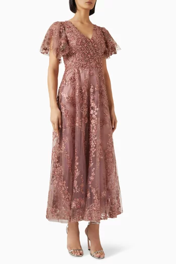 فستان سهرة مطرز بالخرز قماش شبكي