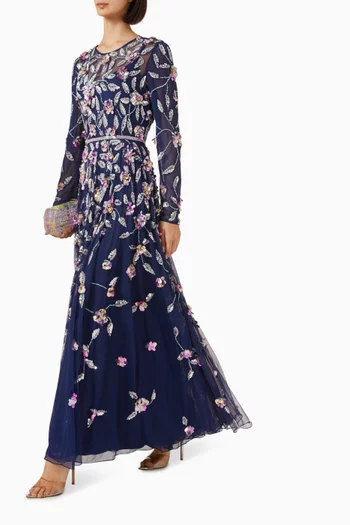 Floral Embellished Gown in Mesh