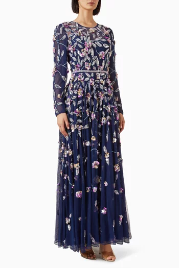 Floral Embellished Gown in Mesh