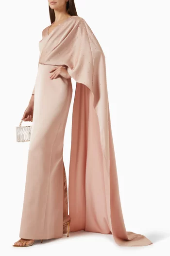 Cape-sleeve Dress in Satin Crepe