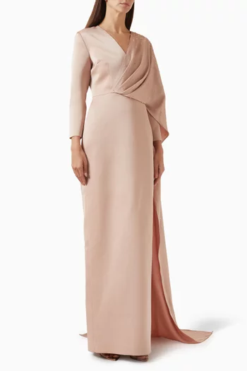 Cape-sleeve Dress in Satin Crepe