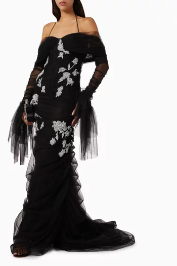 Rose Poudré Embroidered Off-shoulder Gown