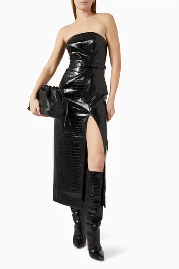 فستان فيفيان متوسط الطول بلا حمالات جلد صناعي بنقشة جلد التمساح