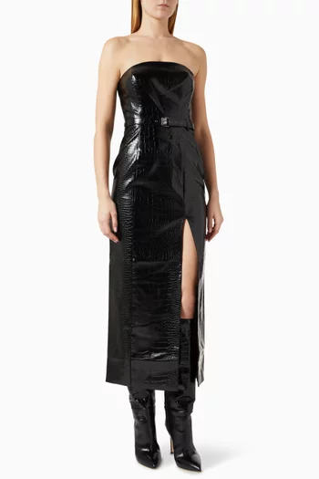 فستان فيفيان متوسط الطول بلا حمالات جلد صناعي بنقشة جلد التمساح