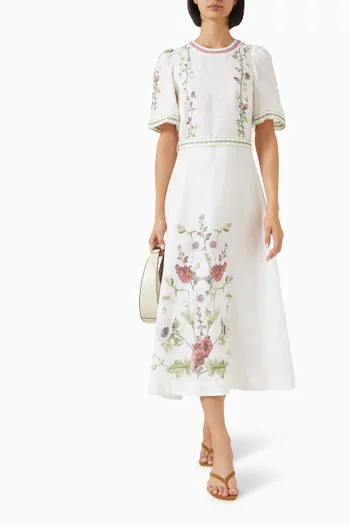 Wild Flowers Printed Puffed-sleeves Maxi Dress in Linen