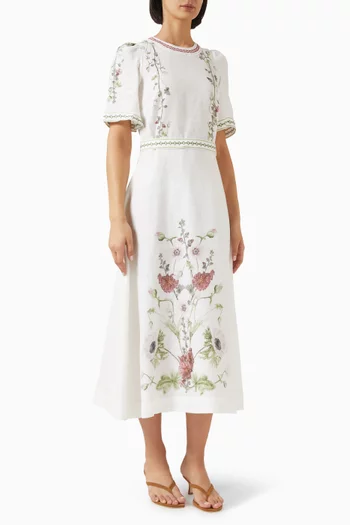 Wild Flowers Printed Puffed-sleeves Maxi Dress in Linen