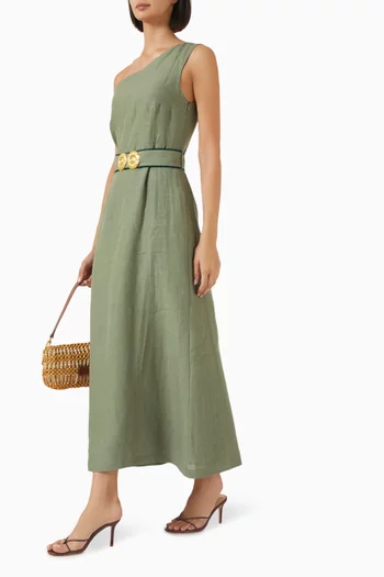 "INO ONE SHOULDER DRESS WITH GOLDENBUCKLESLINEN 100%COLOR: OLIVE GREENSIZES: XS S M L XL":Dark Green:M|218693795
