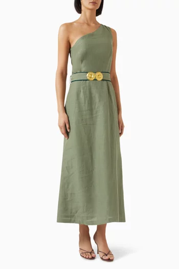 "INO ONE SHOULDER DRESS WITH GOLDENBUCKLESLINEN 100%COLOR: OLIVE GREENSIZES: XS S M L XL":Dark Green:M|218693795