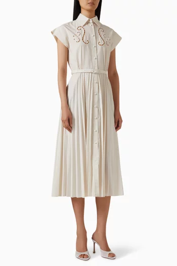 "EUGENIA CUT-EMBROIDERED PLEATED LONG SHIRT DRESS COTTON 35% - POL 65% COLOR: OYSTER SIZES: XS S M L XL ":Off White:S|218693724