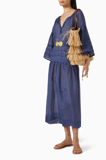 "MYKONOS LONG DRESS WITH GOLDEN BUCKLES AND TASSELS SILK 30% - COTTON 70%COLOR: AEGEAN BLUESIZES: ONE SIZE":Blue    :One Size|218693818