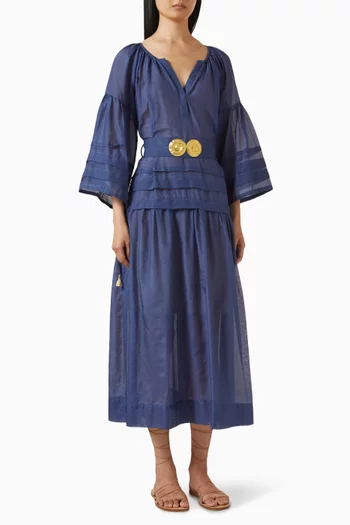 "MYKONOS LONG DRESS WITH GOLDEN BUCKLES AND TASSELS SILK 30% - COTTON 70%COLOR: AEGEAN BLUESIZES: ONE SIZE":Blue    :One Size|218693818