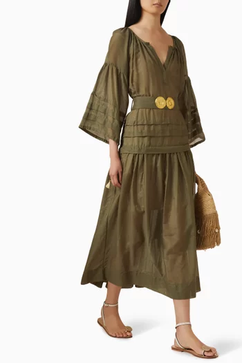 "MYKONOS LONG DRESS WITH GOLDEN BUCKLES AND TASSELS SILK 30% - COTTON 70%COLOR: KHAKISIZES: ONE SIZE":Beige/Khaki:One Size|218693804