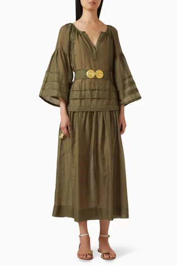 "MYKONOS LONG DRESS WITH GOLDEN BUCKLES AND TASSELS SILK 30% - COTTON 70%COLOR: KHAKISIZES: ONE SIZE":Beige/Khaki:One Size|218693804