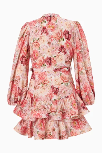 فستان أميليا قصير بأكمام منفوخة حرير وكتان