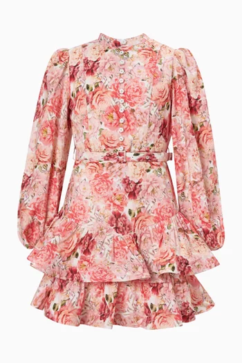 فستان أميليا قصير بأكمام منفوخة حرير وكتان