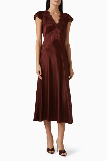 فستان كورالين متوسط الطول مطرز حرير ستان