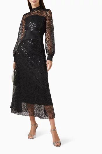 Pleated Belt-detail Midi Dress in Lace & Satin