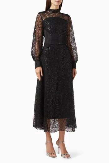 Pleated Belt-detail Midi Dress in Lace & Satin