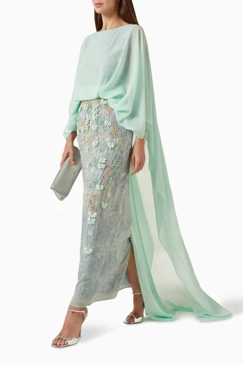 Embroidered Cape Dress in Crepe & Chiffon