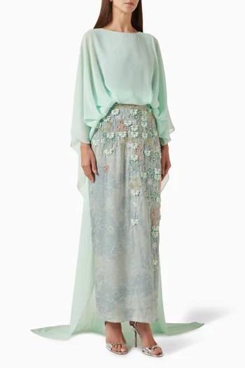 Embroidered Cape Dress in Crepe & Chiffon