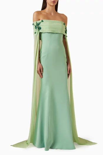 Vana Off-shoulder Maxi Dress in Crepe & Chiffon