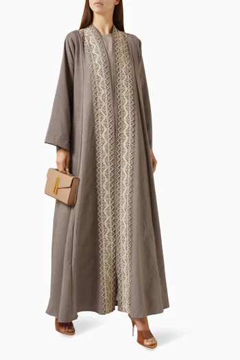 4-piece Embroidered-trim Abaya Set in Cotton