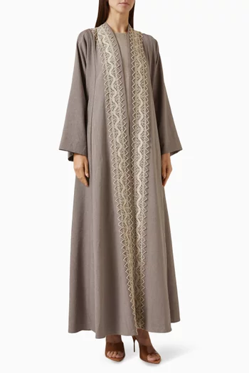 4-piece Embroidered-trim Abaya Set in Cotton