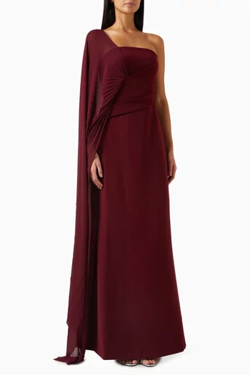 One-shoulder Gown in Velvet Satin & Chiffon