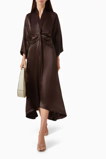 فستان متوسط الطول بخصر مزموم رايون