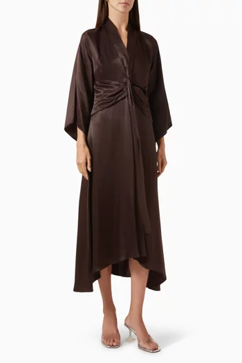 فستان متوسط الطول بخصر مزموم رايون