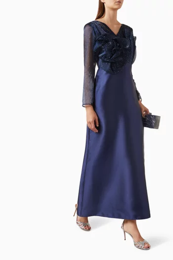 3D Floral-applique Dress in Satin