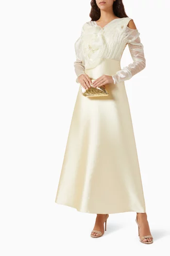 3D Floral-applique Dress in Satin