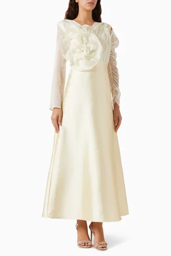 3D Floral-applique Dress in Satin