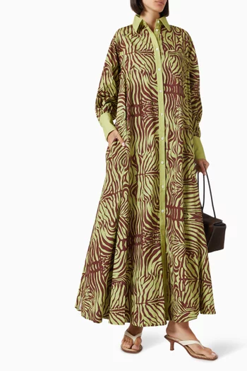 فستان أوبرا طويل بنمط قميص بنقشة زيبرا قطن بوبلين