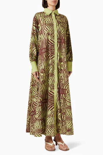 فستان أوبرا طويل بنمط قميص بنقشة زيبرا قطن بوبلين