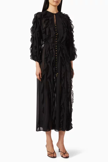 فستان سن راي طويل بكشكش كريب وجورجيت