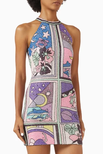 Talia Mermaid Halterneck Beaded Mini Dress in Mesh