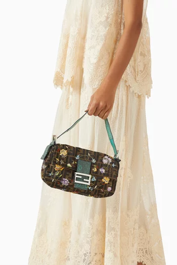Floral Embroidered Baguette Shoulder Bag in Zucca Canvas