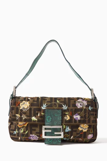 Floral Embroidered Baguette Shoulder Bag in Zucca Canvas