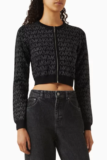 كارديغان قصير بنقشة شعار الماركة لامعة وسحّاب