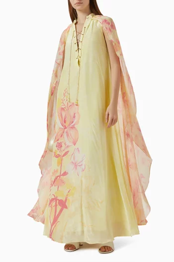 Floral-print Cape Maxi Dress