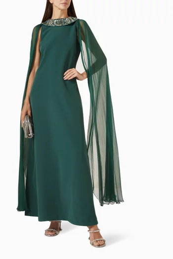 Embellished Cape-sleeve Maxi Dress in Crepe