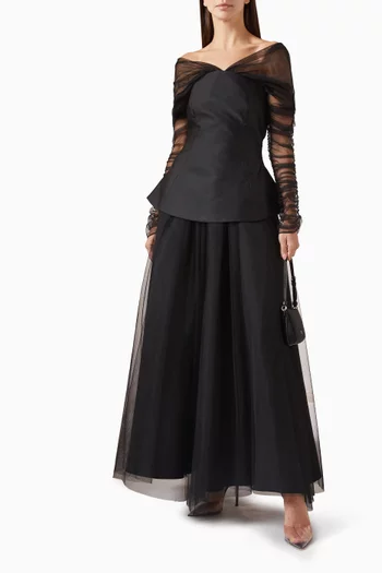 Ruched-sleeve Corset Maxi Dress in Crepe