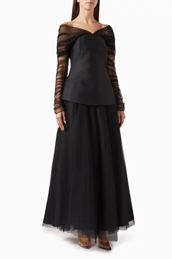 Ruched-sleeve Corset Maxi Dress in Crepe